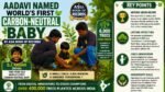 Infographic about D.J. Aadavi, the world's first carbon-neutral baby; shows a family planting trees with greenery and a side panel of key points about forest planting, offsets, and a child ambassador.