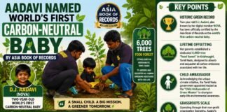 Infographic about D.J. Aadavi, the world's first carbon-neutral baby; shows a family planting trees with greenery and a side panel of key points about forest planting, offsets, and a child ambassador.