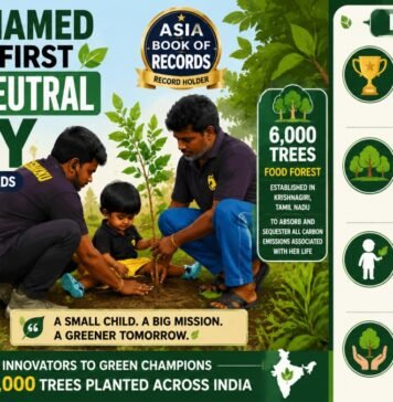 Infographic about D.J. Aadavi, the world's first carbon-neutral baby; shows a family planting trees with greenery and a side panel of key points about forest planting, offsets, and a child ambassador.