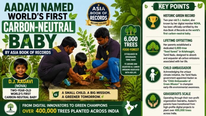 Infographic about D.J. Aadavi, the world's first carbon-neutral baby; shows a family planting trees with greenery and a side panel of key points about forest planting, offsets, and a child ambassador.