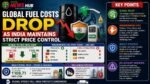 Infographic about global fuel price drop and India’s price controls, showing an oil barrel, Indian flag shield, and a petrol pump beside a Key Points panel.