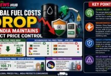Infographic about global fuel price drop and India’s price controls, showing an oil barrel, Indian flag shield, and a petrol pump beside a Key Points panel.