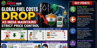 Infographic about global fuel price drop and India’s price controls, showing an oil barrel, Indian flag shield, and a petrol pump beside a Key Points panel.