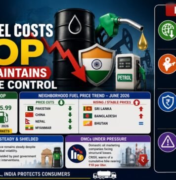 Infographic about global fuel price drop and India’s price controls, showing an oil barrel, Indian flag shield, and a petrol pump beside a Key Points panel.