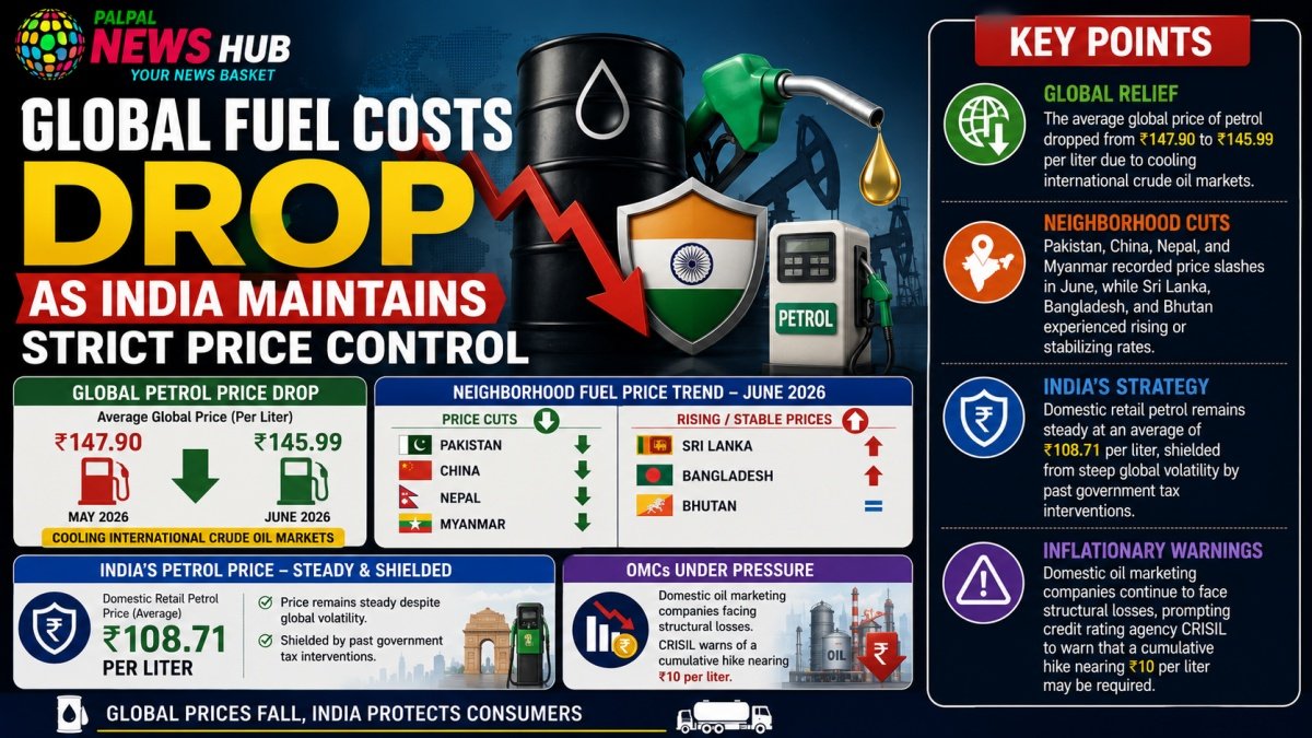 Global Fuel Costs Drop | PalPal News Hub | Latest National, Technology, and Astrology News Infographic about global fuel price drop and India’s price controls, showing an oil barrel, Indian flag shield, and a petrol pump beside a Key Points panel.